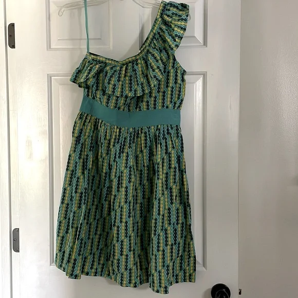Anthropologie one shoulder ruffle sleeve empire waist short dress blue  yellow S